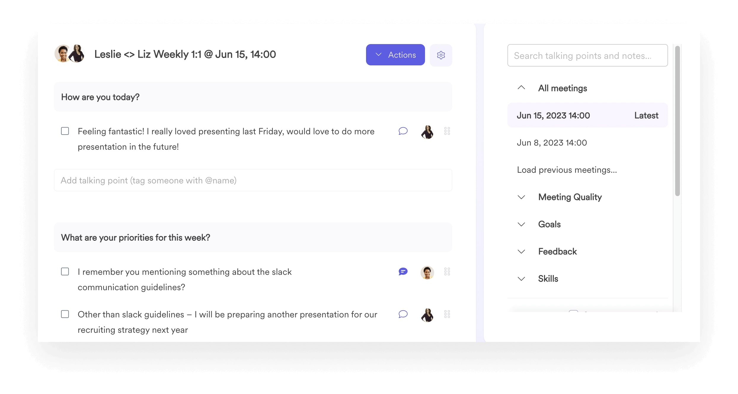 Screenshot of Leapsome Meetings module showing a 1:1 meeting agenda