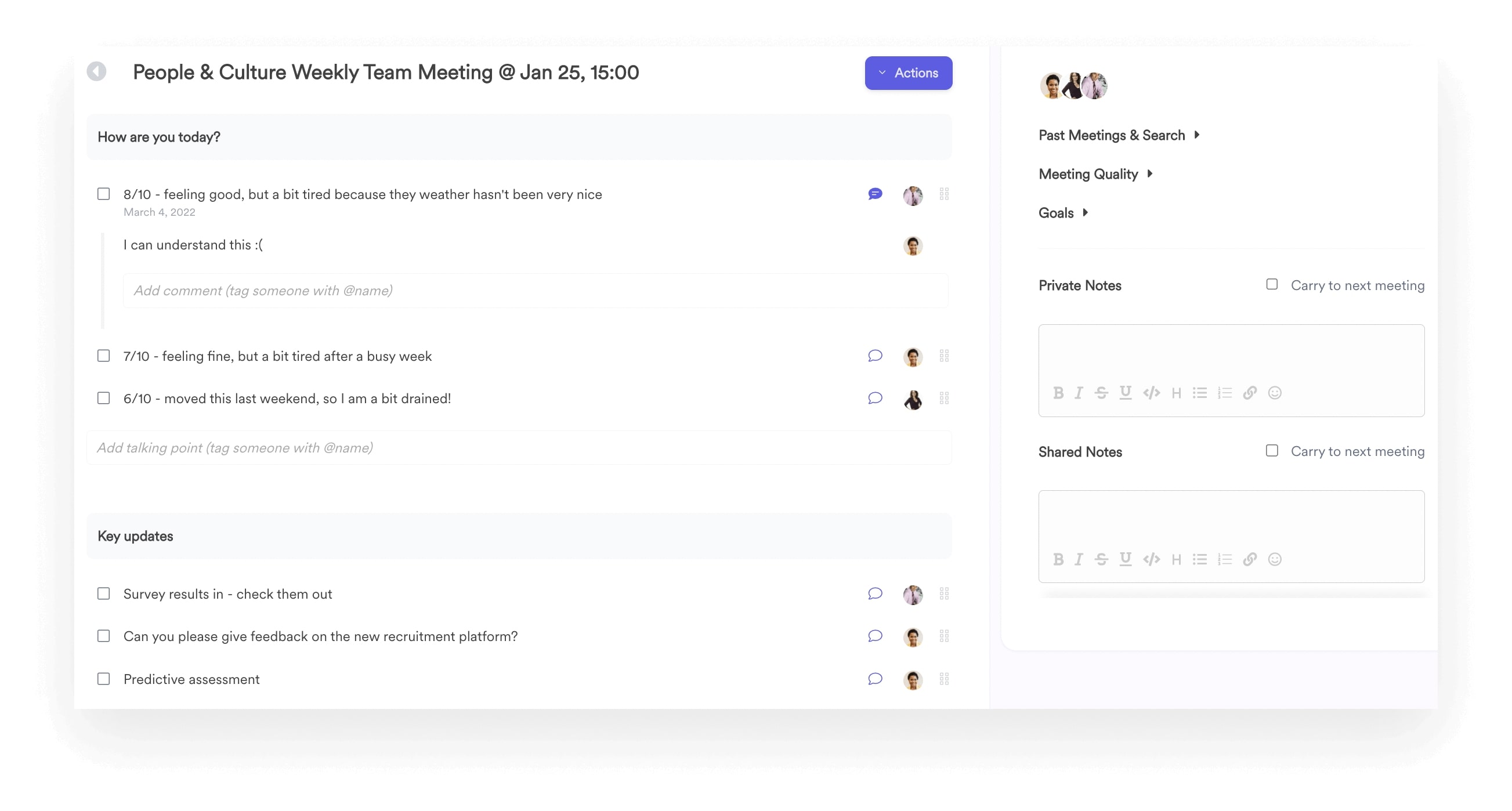 A screenshot of a team meeting agenda in Leapsome's Meetings module.