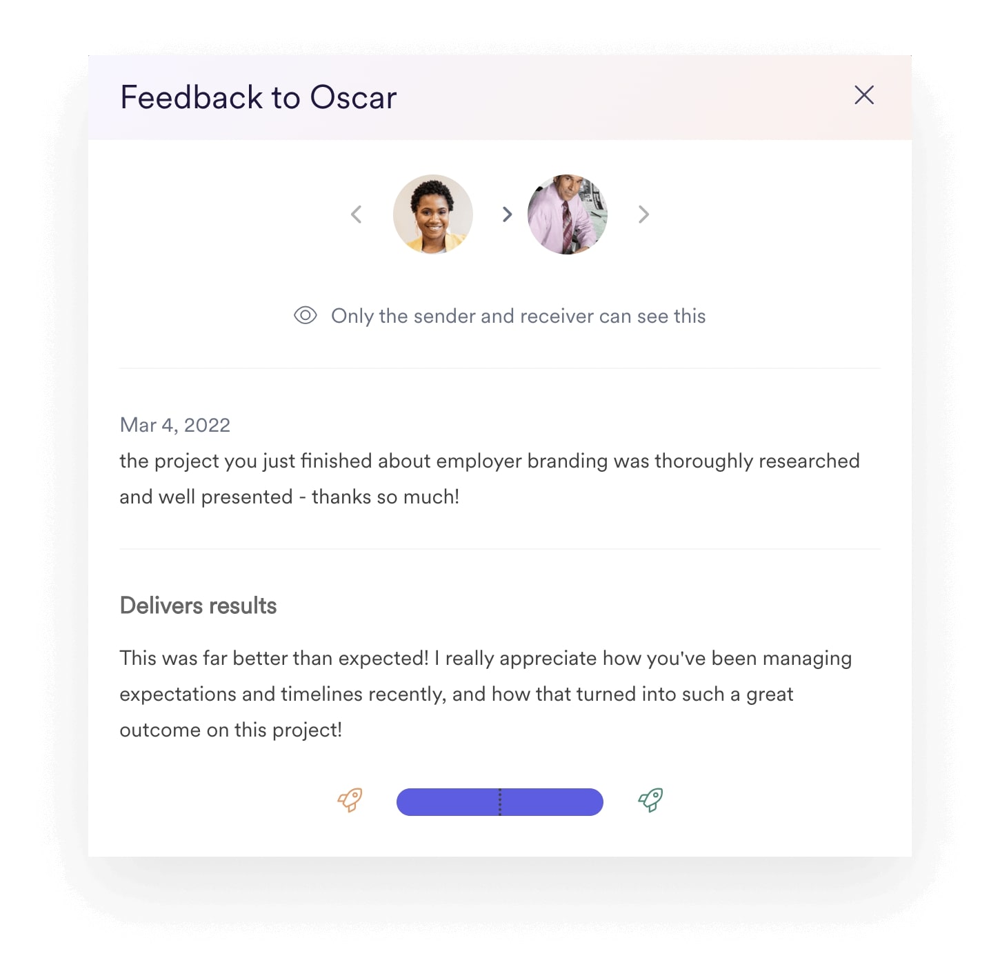 A screenshot illustrating how employee feedback looks within Leapsome Instant Feedback.