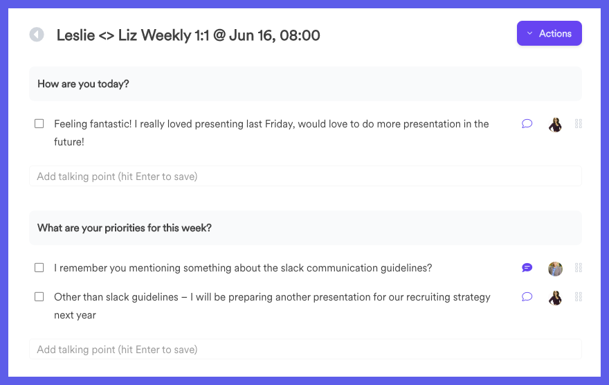 A screenshot of a weekly 1 on 1 meeting with Liz and Leslie shows the meeting agenda and what they plan to discuss in the meeting