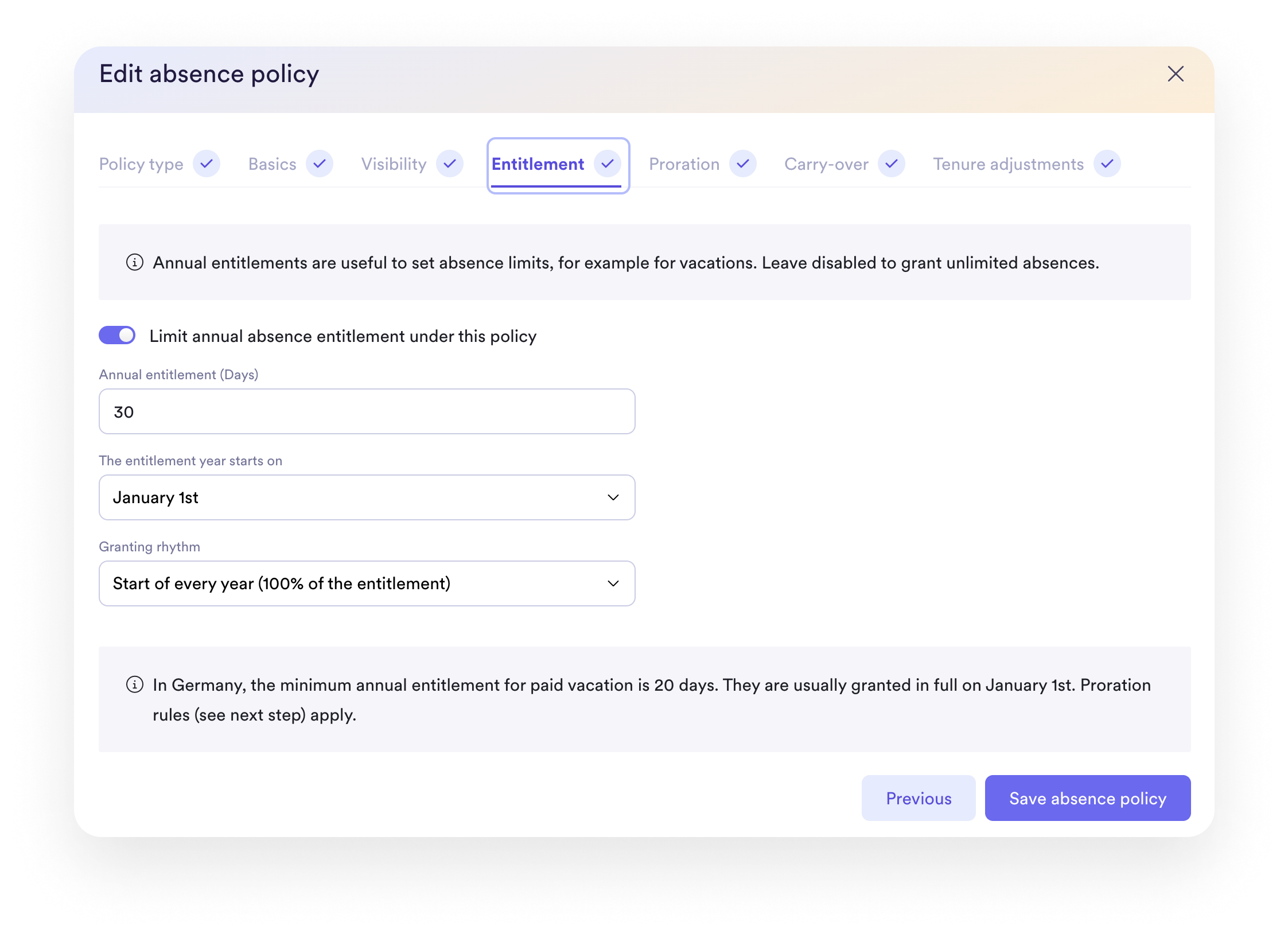 A screenshot of an absence policy editing interface within Leapsome's HRIS.